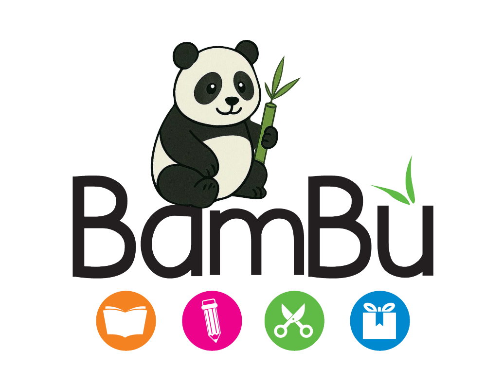 Il logo della Cartoleria Bambù: il panda con il libro, la matita, le forbici e il regalo